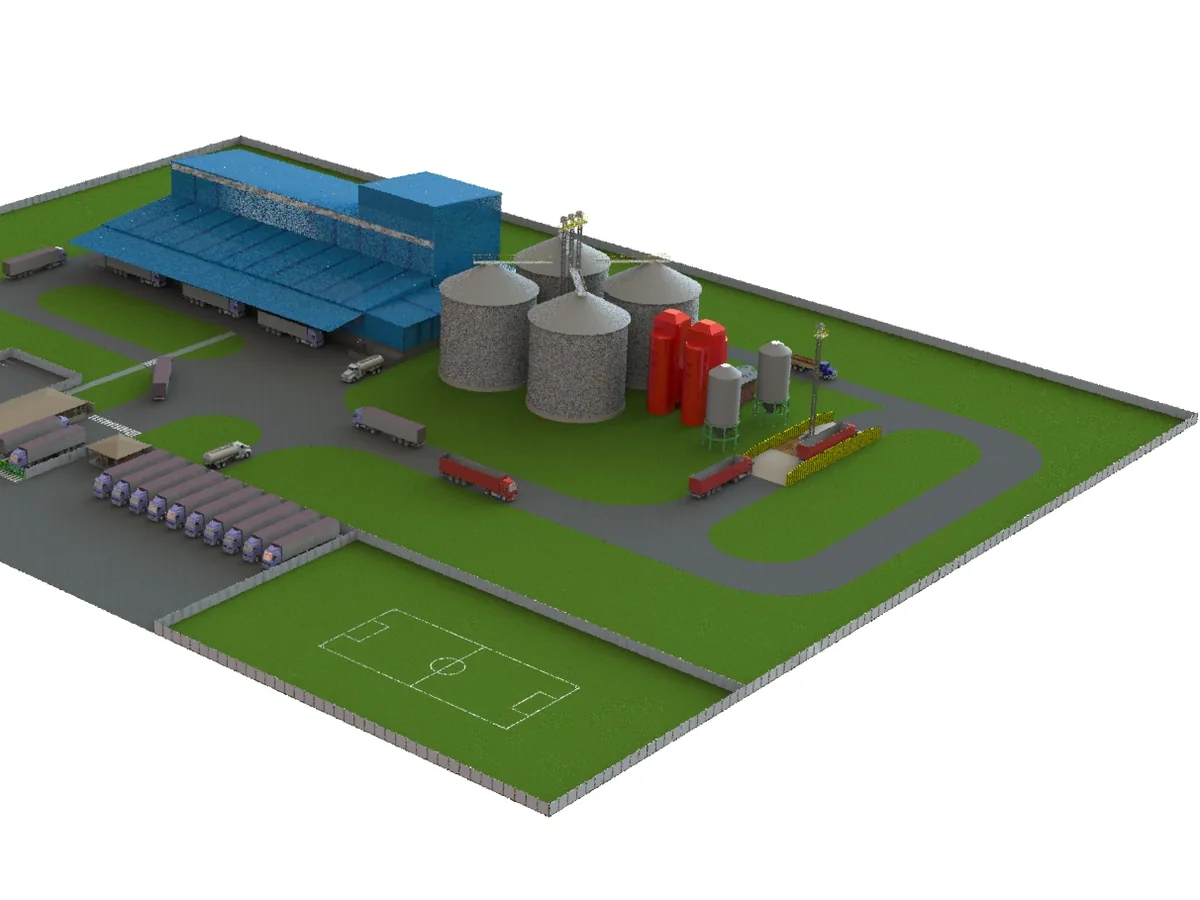 Modelo 3D de fábrica de ração com prédio de produção e silos