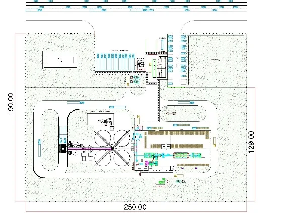 Planta de implantação usada no registro no MAPA de uma fábrica de ração: prédio, silos, vias e áreas de apoio
